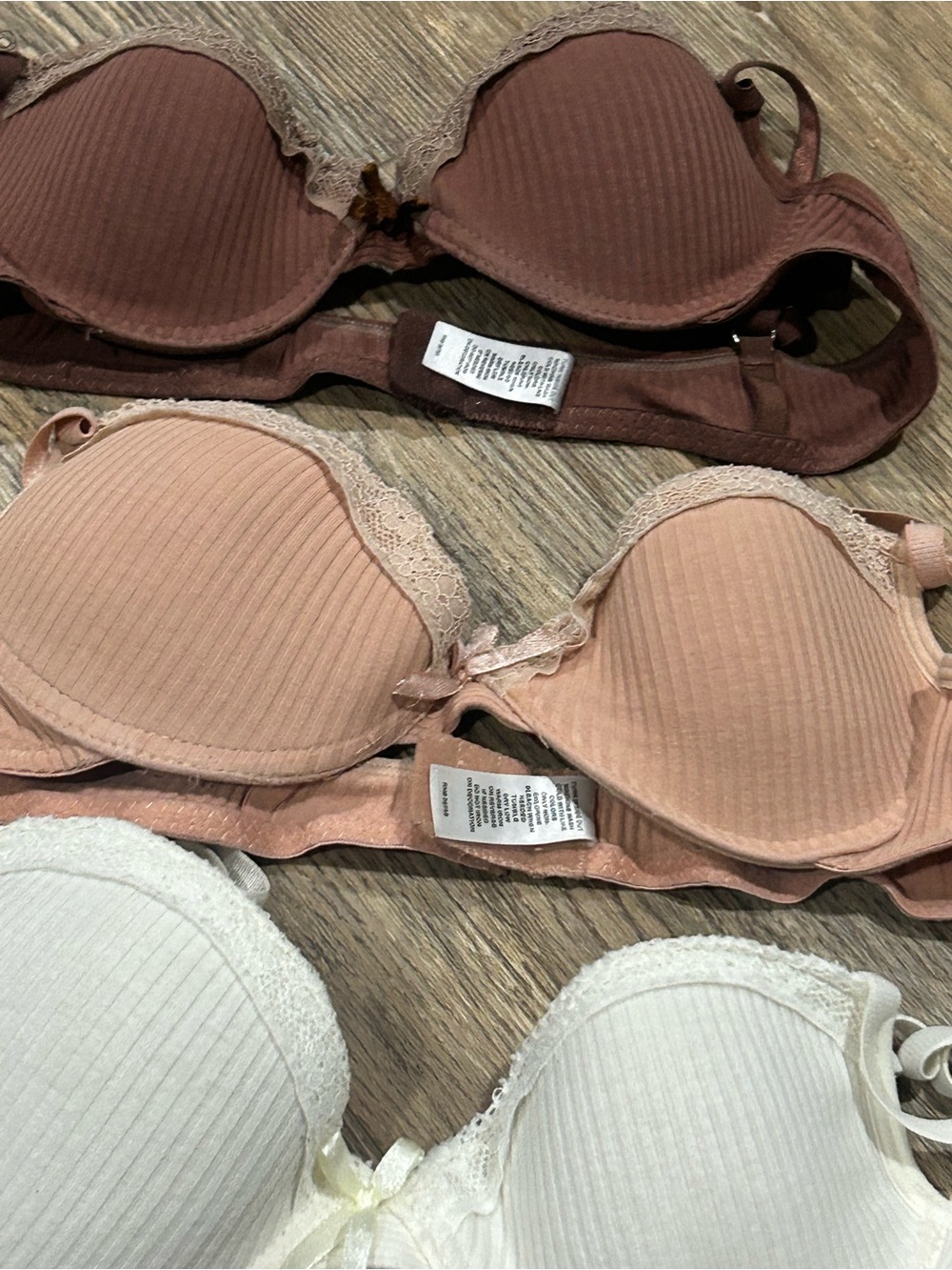 Ribbed Lace Trim Bras - Brown, Pink, White (3-Pack) 34A